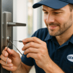 Expert effectuant la réparation de serrure d'une porte avec des outils professionnels.