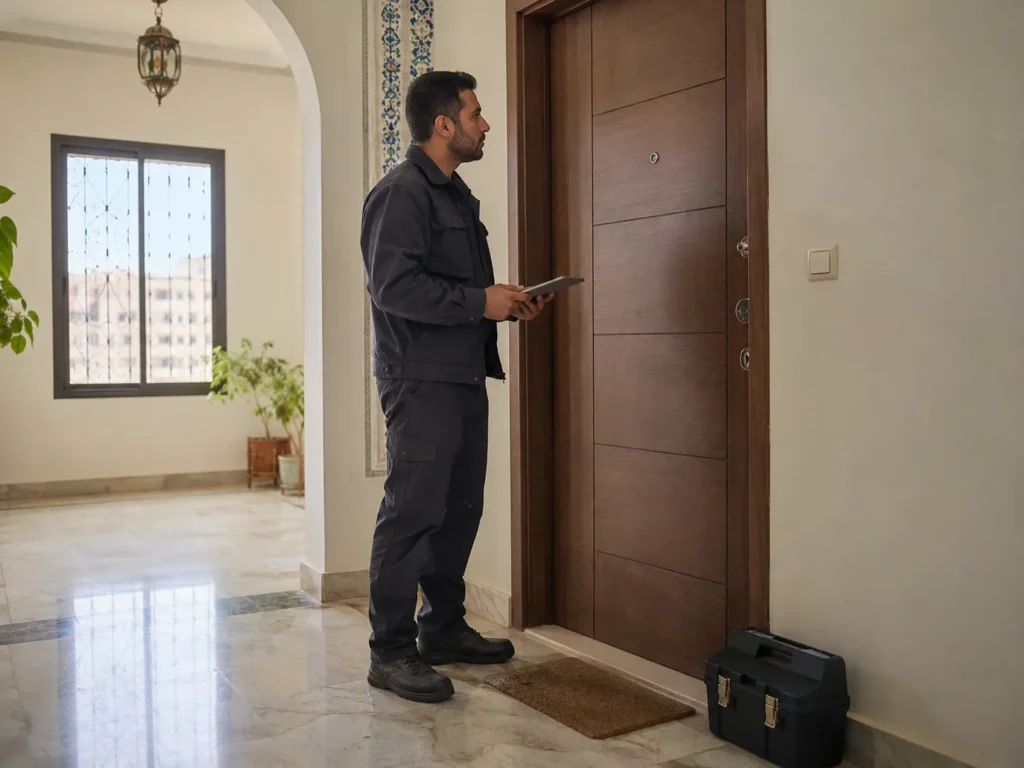 Serrurier professionnel à Tunis inspectant une porte résidentielle après un incident de sécurité